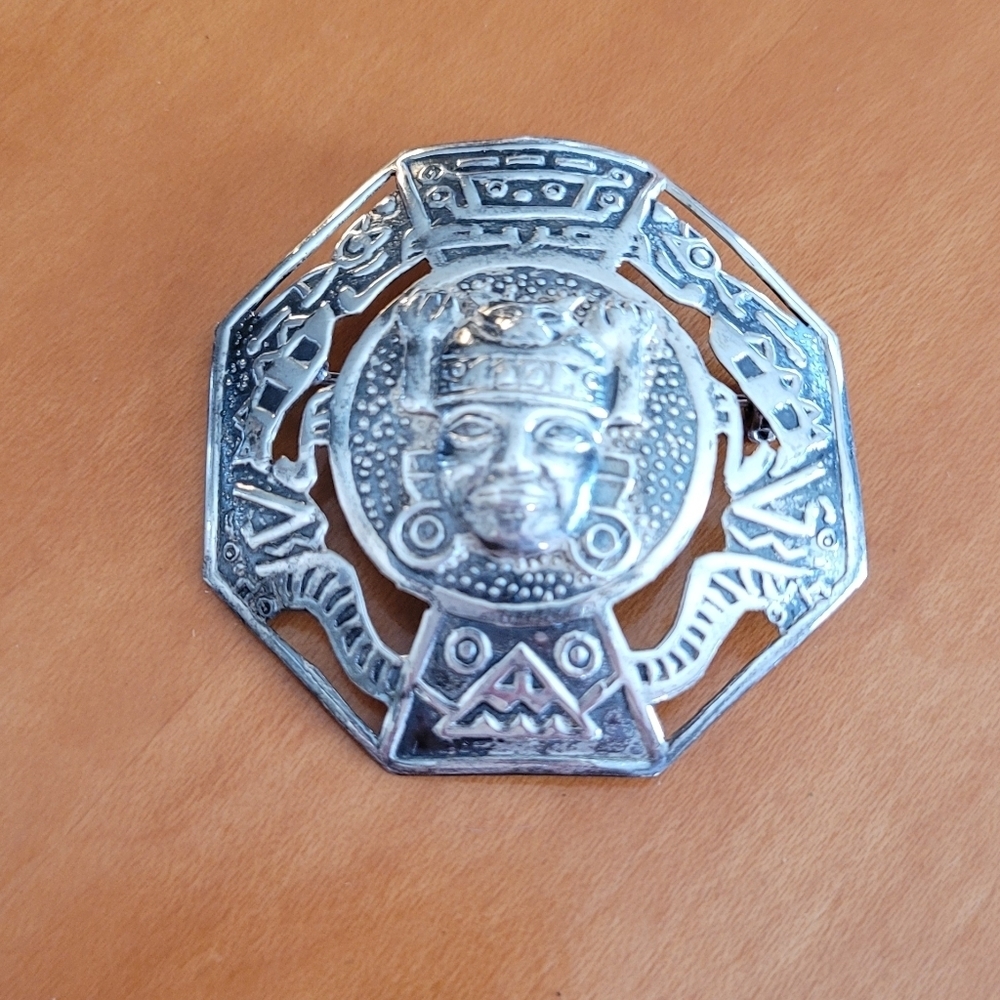Vintage Mexican 950 Sterling Silver Aztec Mayan Deity Octagon Brooch‎ Pin RBTA